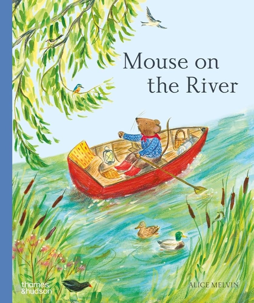 Illustrated book cover, "Mouse on the River," with a mouse rowing a boat.