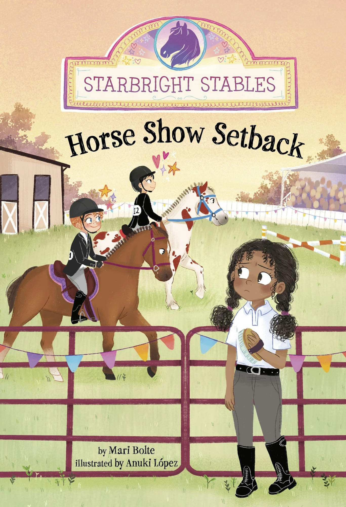 "Starbright Stables: Horse Show Setback" book cover with kids riding horses and a girl holding a brush.