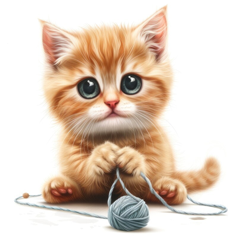 Illustration of an adorable ginger kitten with big eyes playing with a ball of yarn.