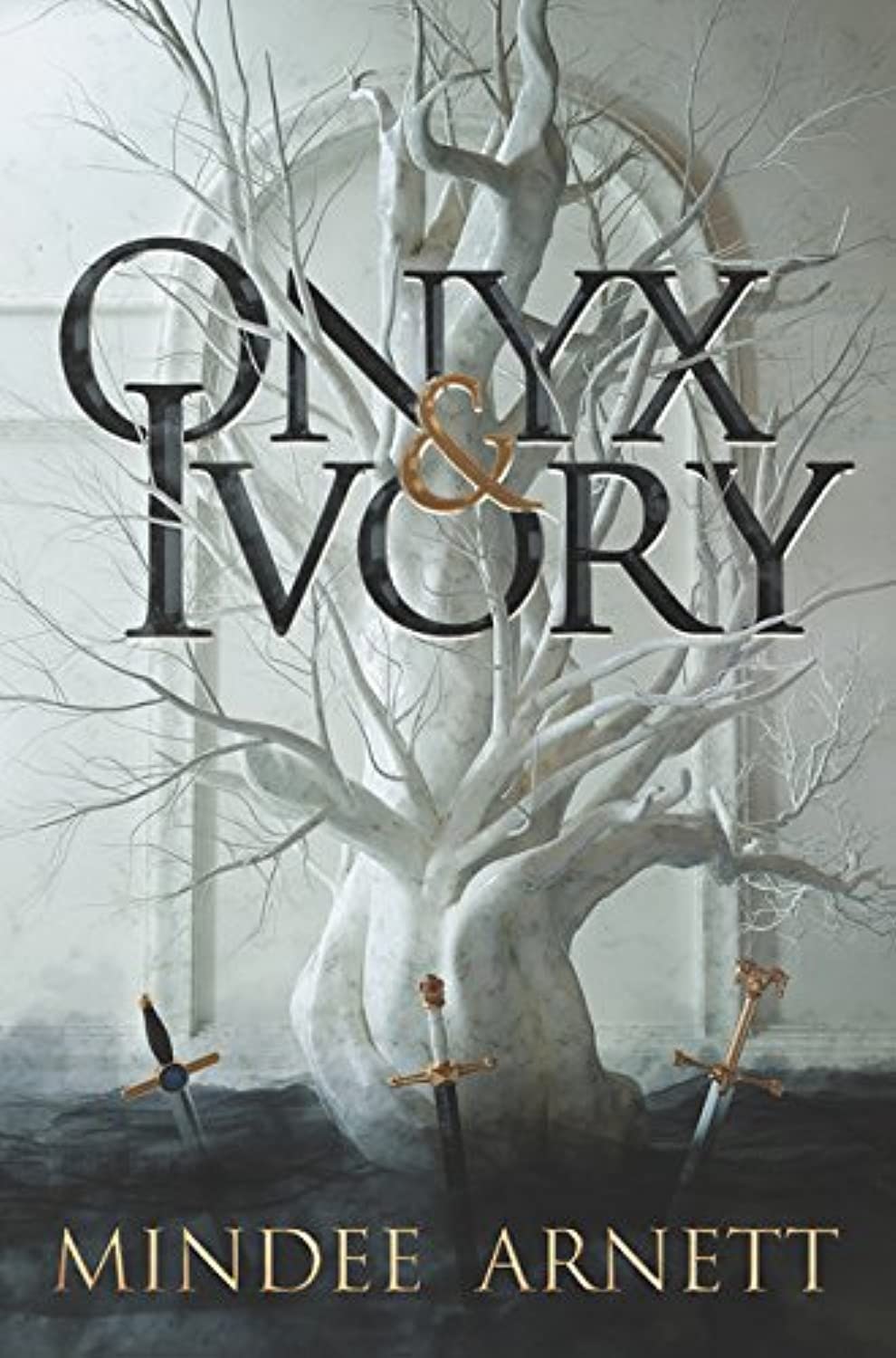 A book cover titled "Onyx & Ivory" by Mindee Arnett featuring stylized text, a white tree, and crossed swords.
