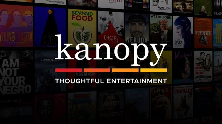 Text reads "Kanopy: Thoughtful Entertainment" over a collage of film and documentary posters.