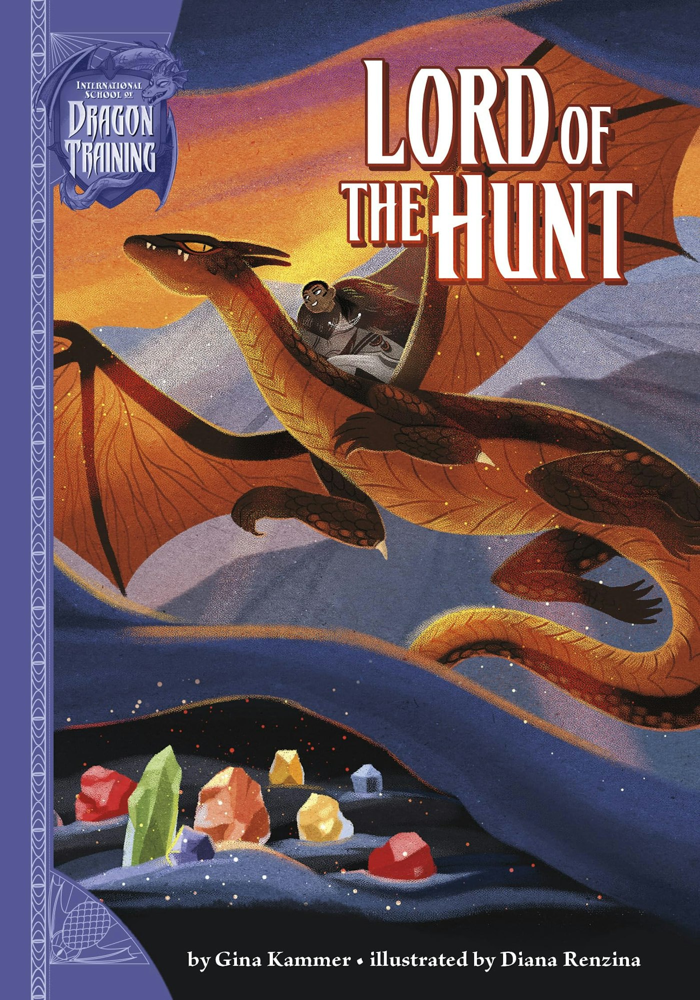 Book cover illustration showing a person riding a dragon with colorful crystals below.