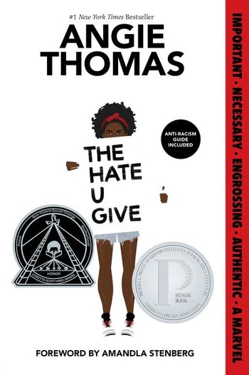 Cover of "The Hate U Give" by Angie Thomas with accolades, anti-racism guide included, and foreword by Amandla Stenberg.