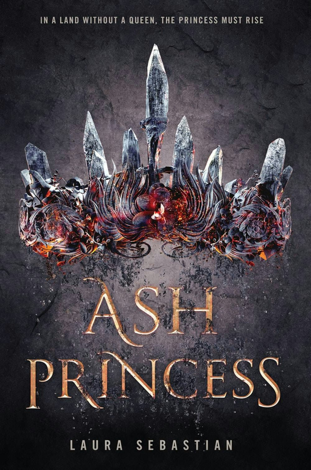 Book cover of "Ash Princess" by Laura Sebastian featuring a dark crown with gems and flames.