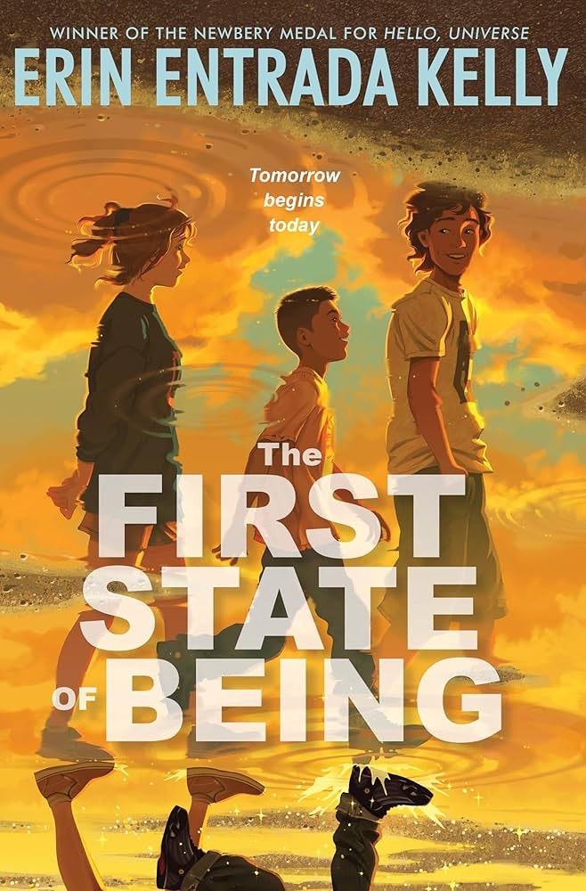 A book cover for "The First Rule of Being" by Erin Entrada Kelly, featuring kids, a dog, and a sunset backdrop.