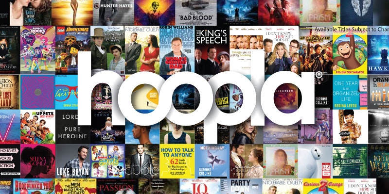 A collage of various media covers (movies, music, books) with the logo "hoopla" overlaying it.