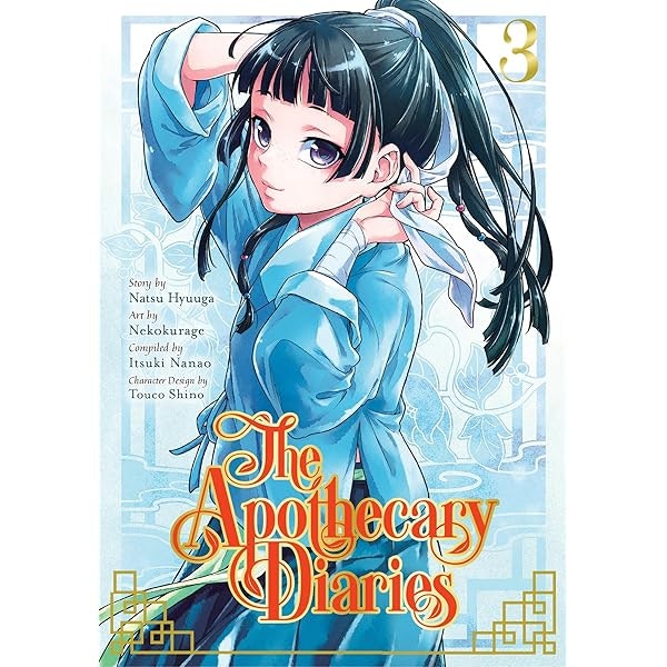 Manga cover: "The Apothecary Diaries" Vol. 3. Features a girl in a blue outfit tying her hair, with artistic and title credits.