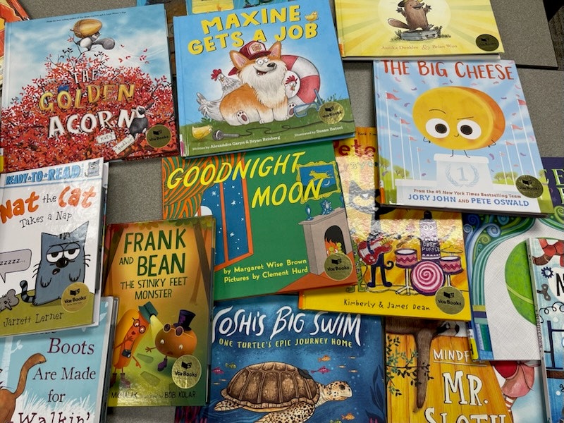A collection of colorful children’s books arranged in a pile, featuring titles like "Maxine Gets a Job" and "Goodnight Moon."