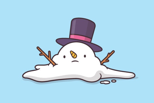 A cute, cartoonish snowman melting into a puddle, wearing a purple top hat and looking a bit sad.