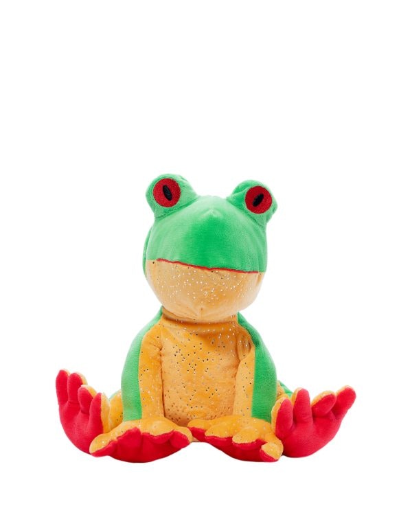 A colorful plush frog with a green head and red limbs, sitting upright and looking friendly.