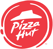 Pizza Hut logo with red background and white text, featuring a stylized hut roof above the wording.