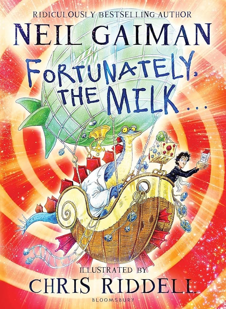 A colorful book cover with whimsical characters, including a green dragon, a man, and flying objects.