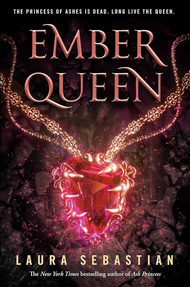 Cover of "Ember Queen" by Laura Sebastian featuring a glowing red gem and intricate design.