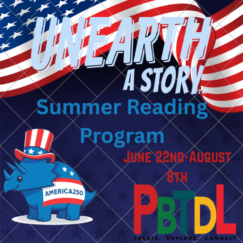 Promotional image for a summer reading program titled "Unearth a Story," running from June 22 to August 8 featuring a triceratops.
