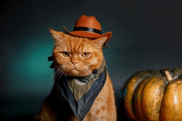 A grumpy cat dressed as a cowboy with a hat and bandana, sitting beside a pumpkin.