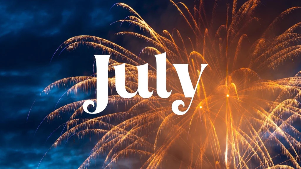 The word "July" with fireworks in the background against a dark sky.