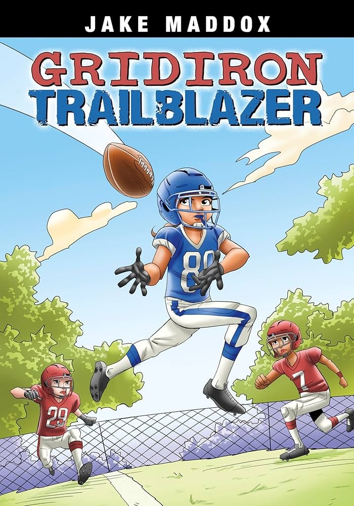 Illustration of a football player catching a ball with opponents behind, the title "Gridiron Trailblazer" by Jake Maddox.