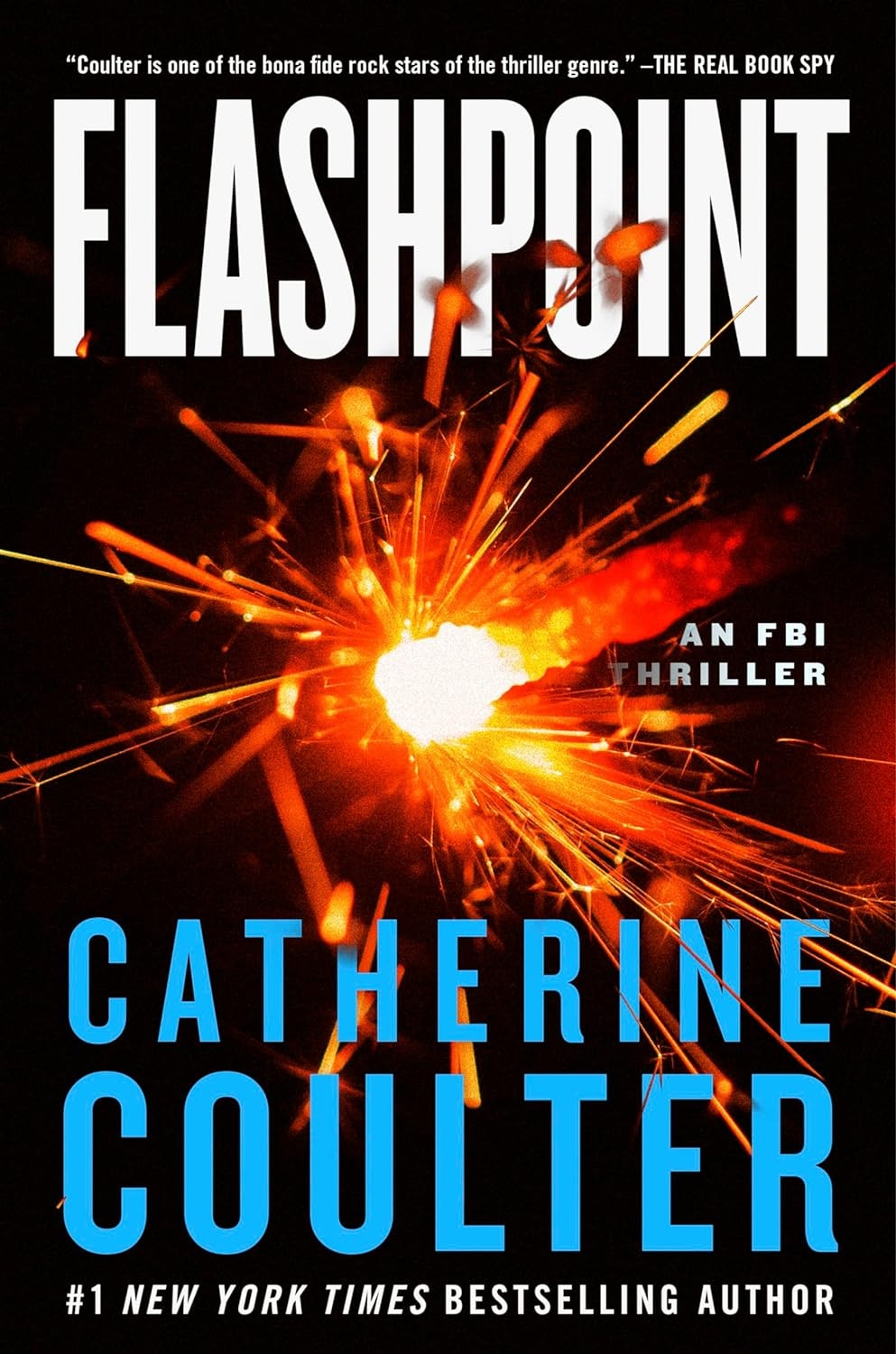 Book cover for "Flashpoint" by Catherine Coulter, an FBI thriller, with a spark explosion graphic.
