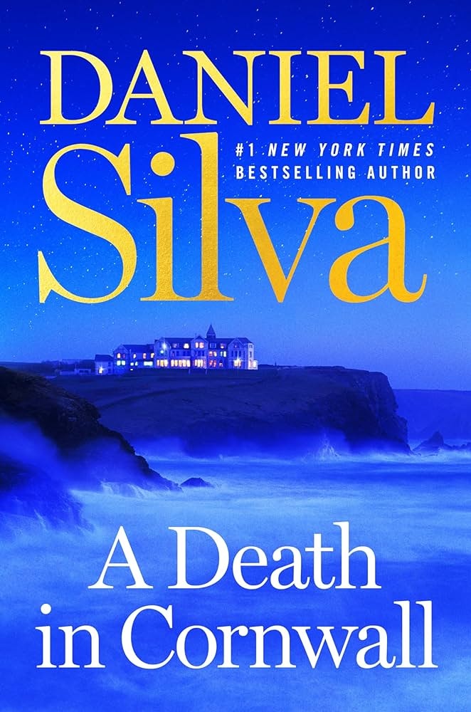 A book cover titled "A Death in Cornwall" by Daniel Silva, featuring a coastal night scene.
