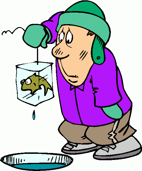 A person ice fishing, holding a fish in a bag over a hole in the ice, wearing winter clothing.