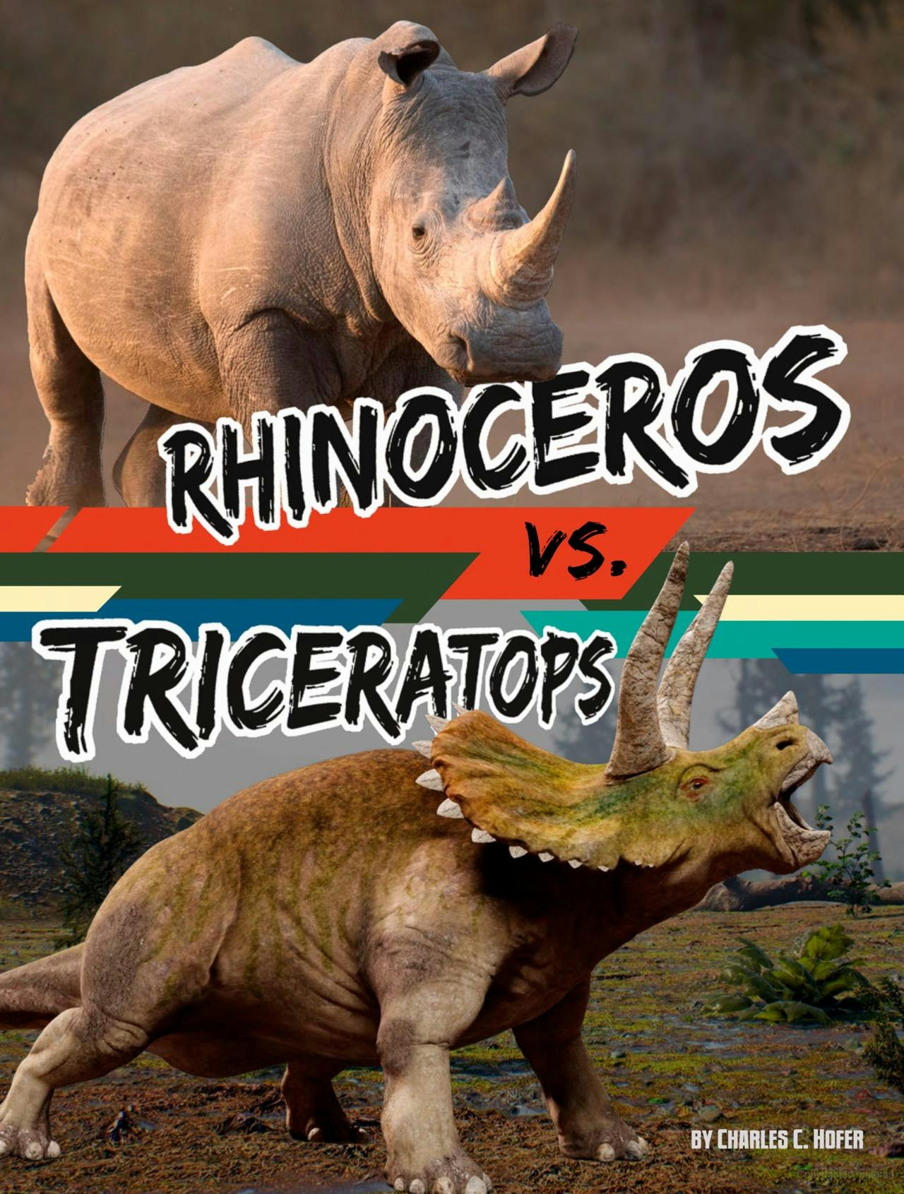 A poster featuring a rhinoceros and a Triceratops with the text "RHINOCEROS vs. TRICERATOPS by Charles C. Hofer".