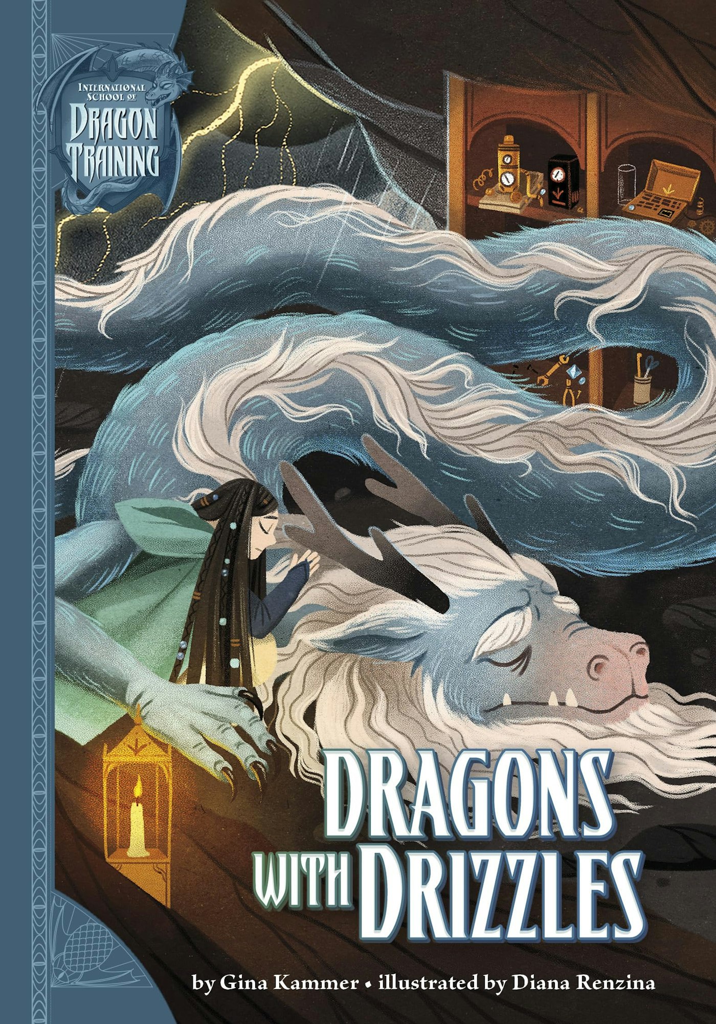 Book cover: "Dragons with Drizzles," with a person touching a dragon's snout, surrounded by blue wisps.