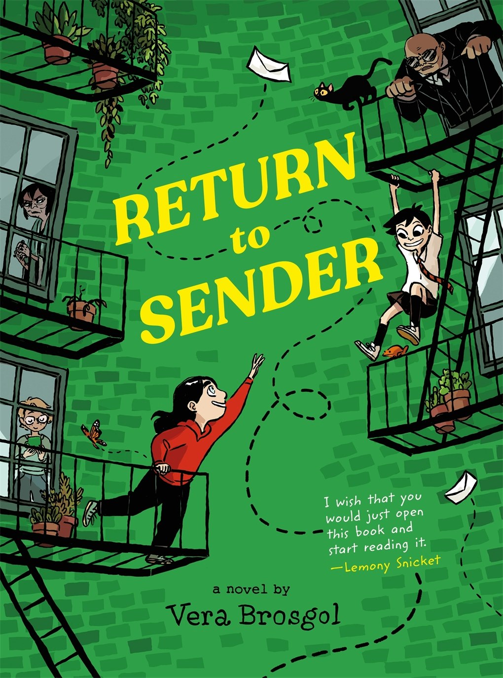 Comic-style cover with people on balconies, a flying envelope, and the title "Return to Sender" by Vera Brosgol.