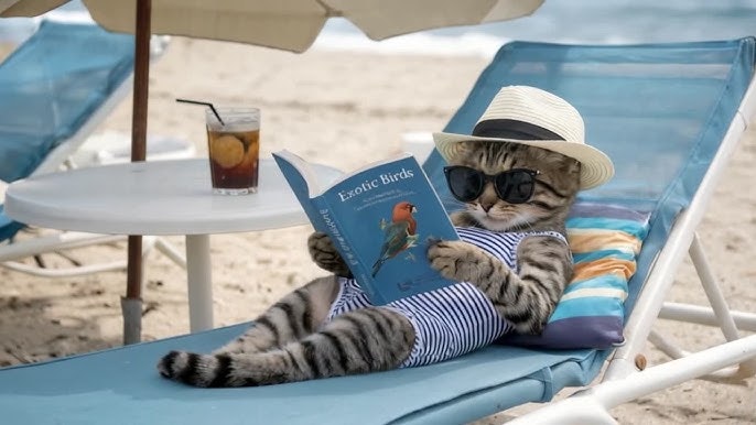 A cat, dressed in a hat and sunglasses, lounges on a beach chair reading a book, "Exotic Birds," with a drink nearby.