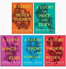 The image features five book covers from the "A Court of" series by Sarah J. Maas, showcasing vibrant colors and fantasy themes.