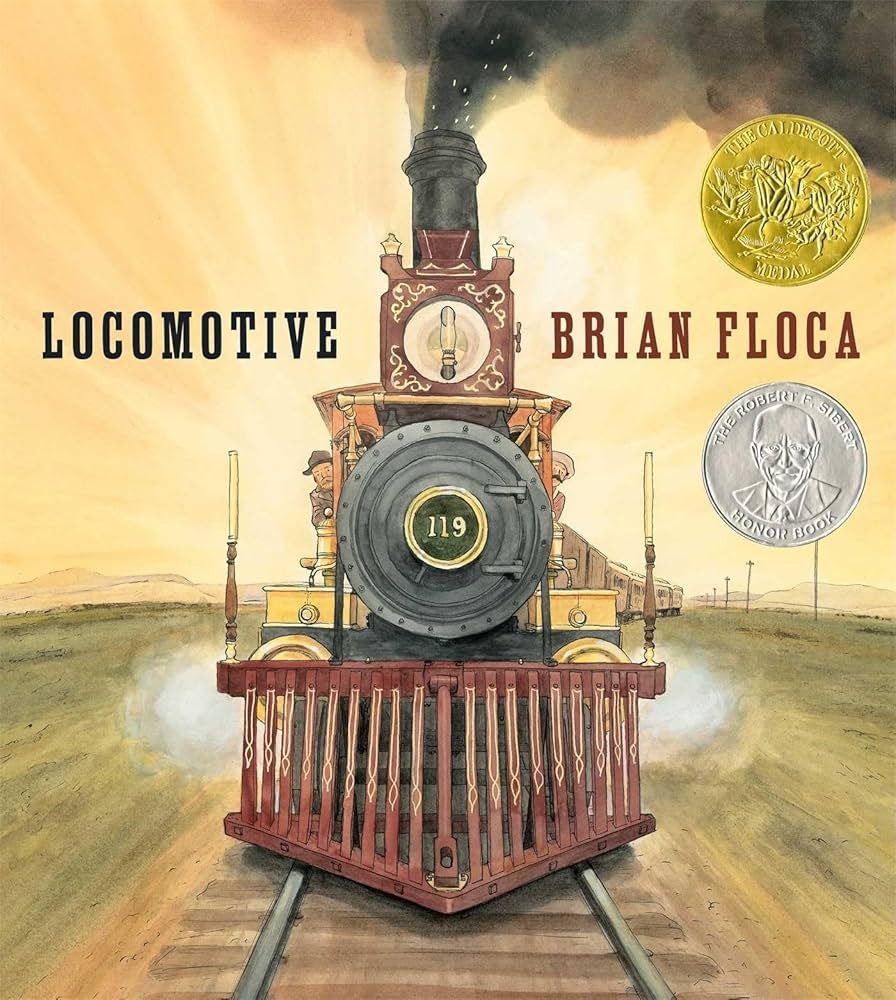 Illustrated cover of "Locomotive" by Brian Floca, featuring a vintage train and award medals.