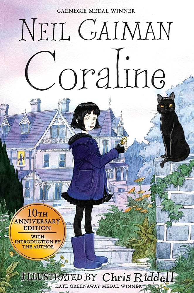 Cover of "Coraline" by Neil Gaiman, featuring a girl with a key and a black cat near a purple house.