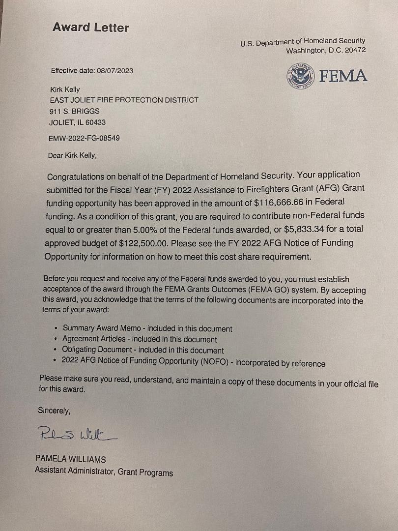 2023 FEMA Grant for new Firefighting Gear - East Joliet Fire