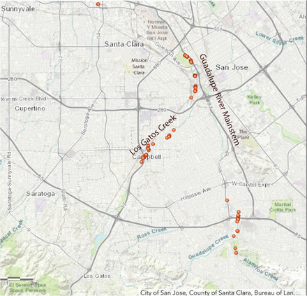 Map of Chinook salmon and redds found in the Guadalupe River.