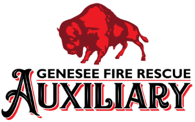 A red bison above the words "Genesee Fire Rescue Auxiliary" in black and red font.