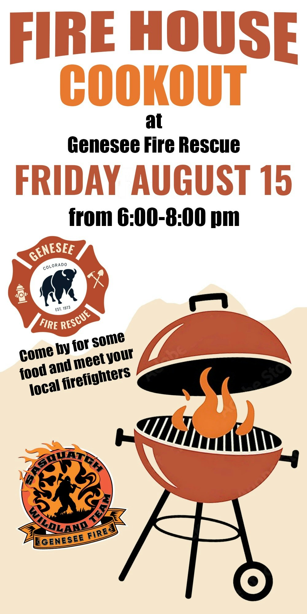 Fire House Cookout at Genesee Fire Rescue, Friday August 15, 6:00-8:00 pm. Meet local firefighters. BBQ grill graphic included.