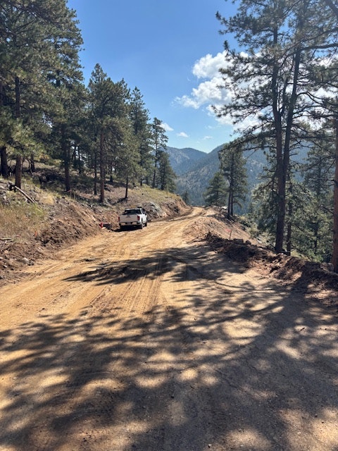 A car on a dirt path in a forested area with tall trees and clear skies.