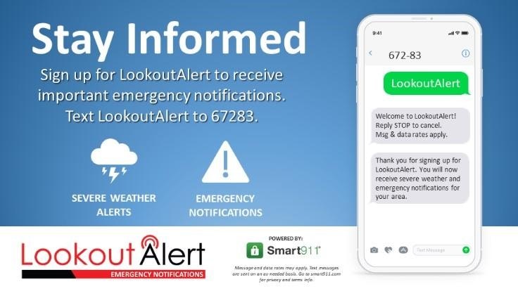 Advertisement for LookoutAlert emergency notification system showing a phone display and sign-up information.