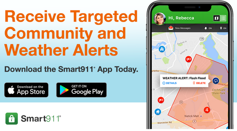 Ad for Smart911 app for weather and community alerts, available on app stores, with a phone screen showing a weather alert map.