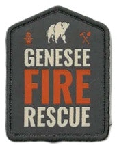 Patch with "Genesee Fire Rescue" text, featuring a buffalo silhouette, a fire helmet, and an ax.