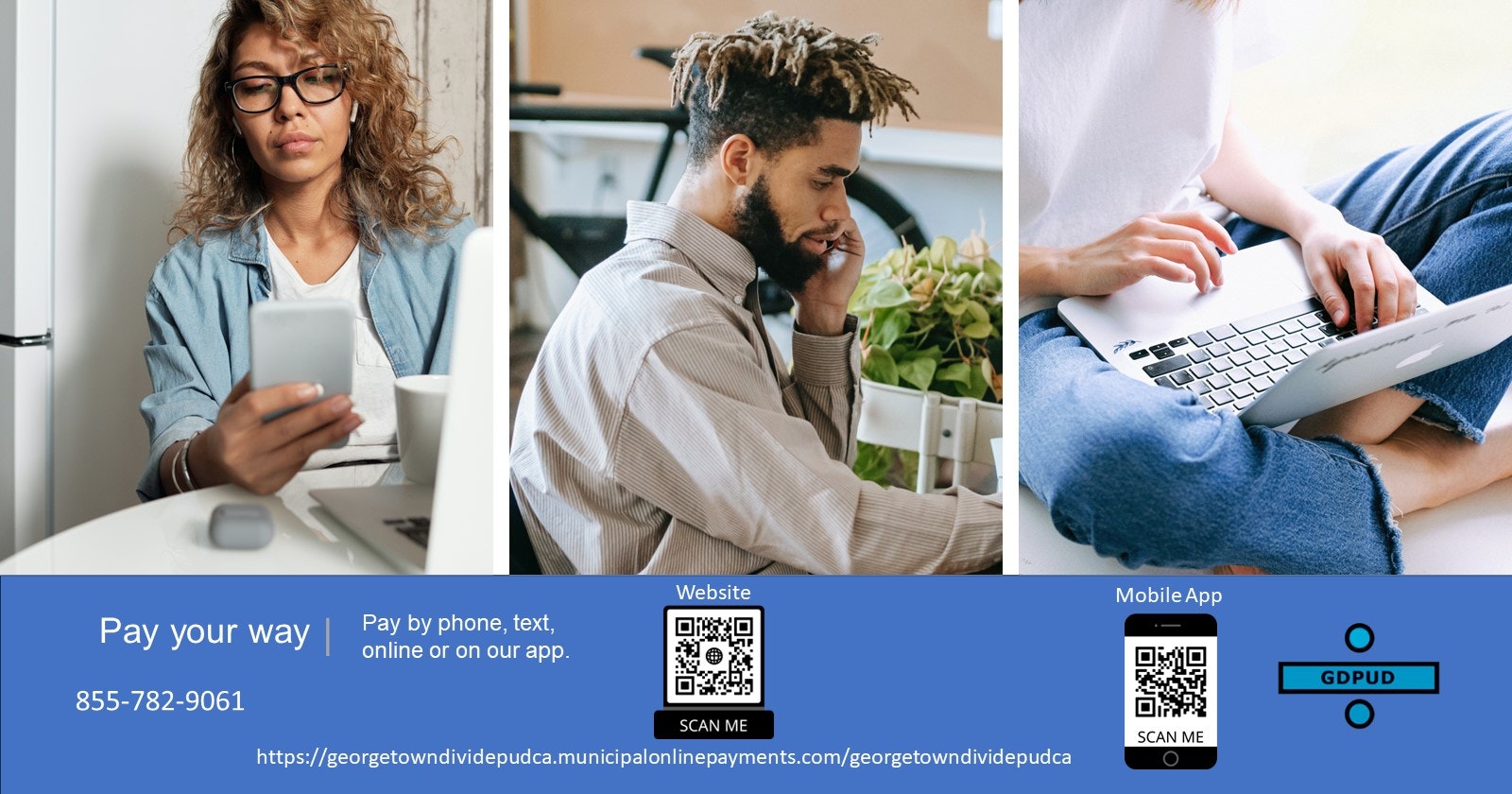 Ad for payment methods with QR codes, a phone number, and a URL, featuring three people using different devices.