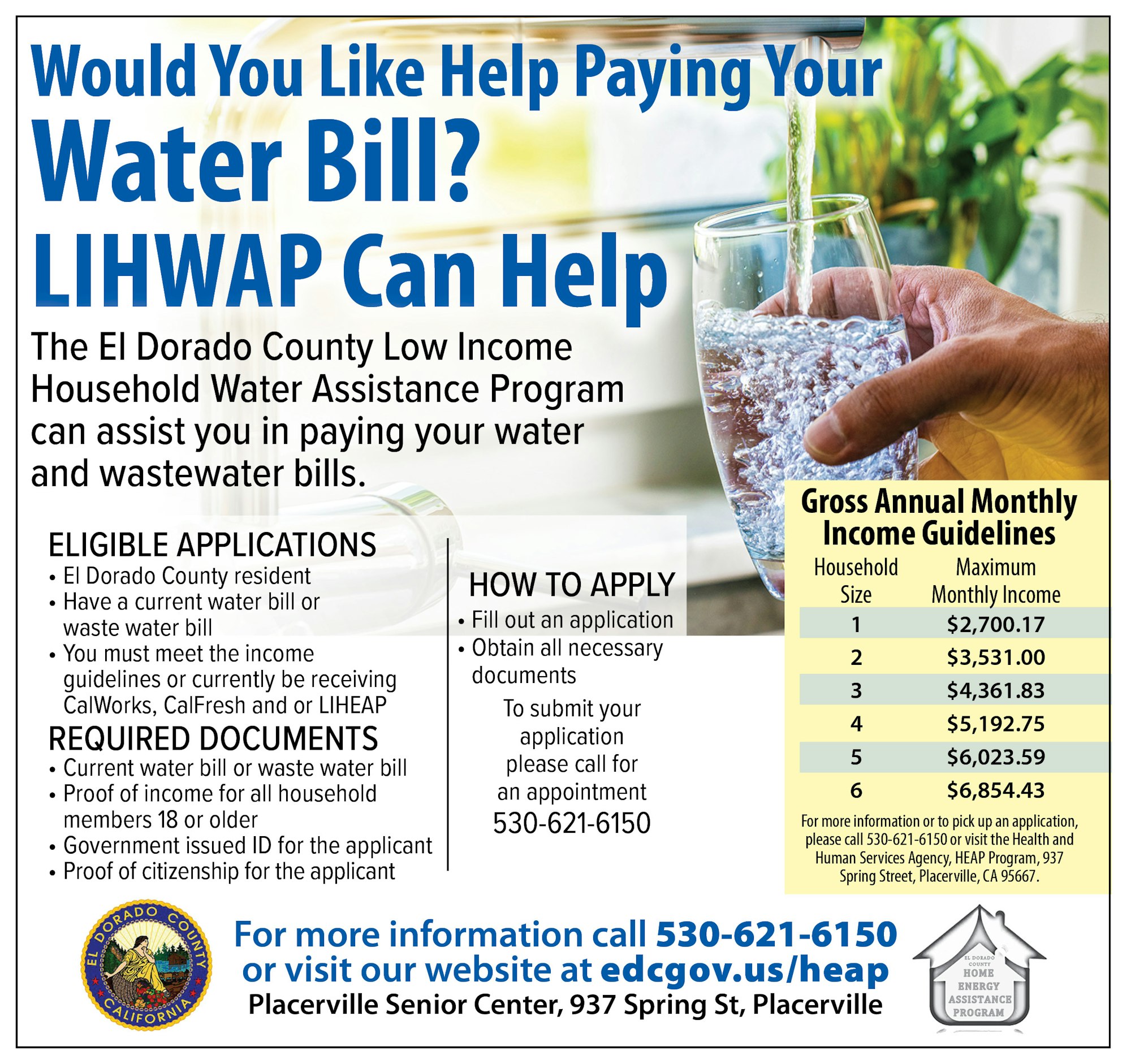 The image promotes the El Dorado County Low Income Household Water Assistance Program for residents needing help with water bills.