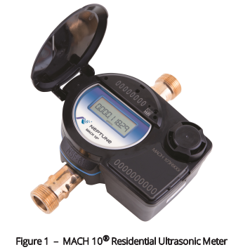 Neptune MACH 10 Residential Ultrasonic Meter with display screen and two brass connectors.