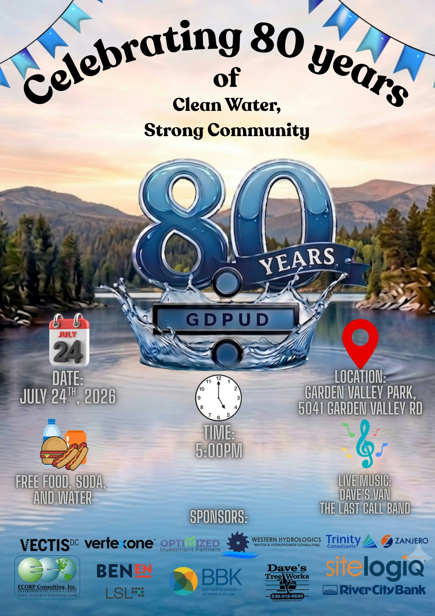Celebrating 80 years of clean water on July 24, 2026, at Garden Valley Park. Enjoy free food, drinks, and live music!