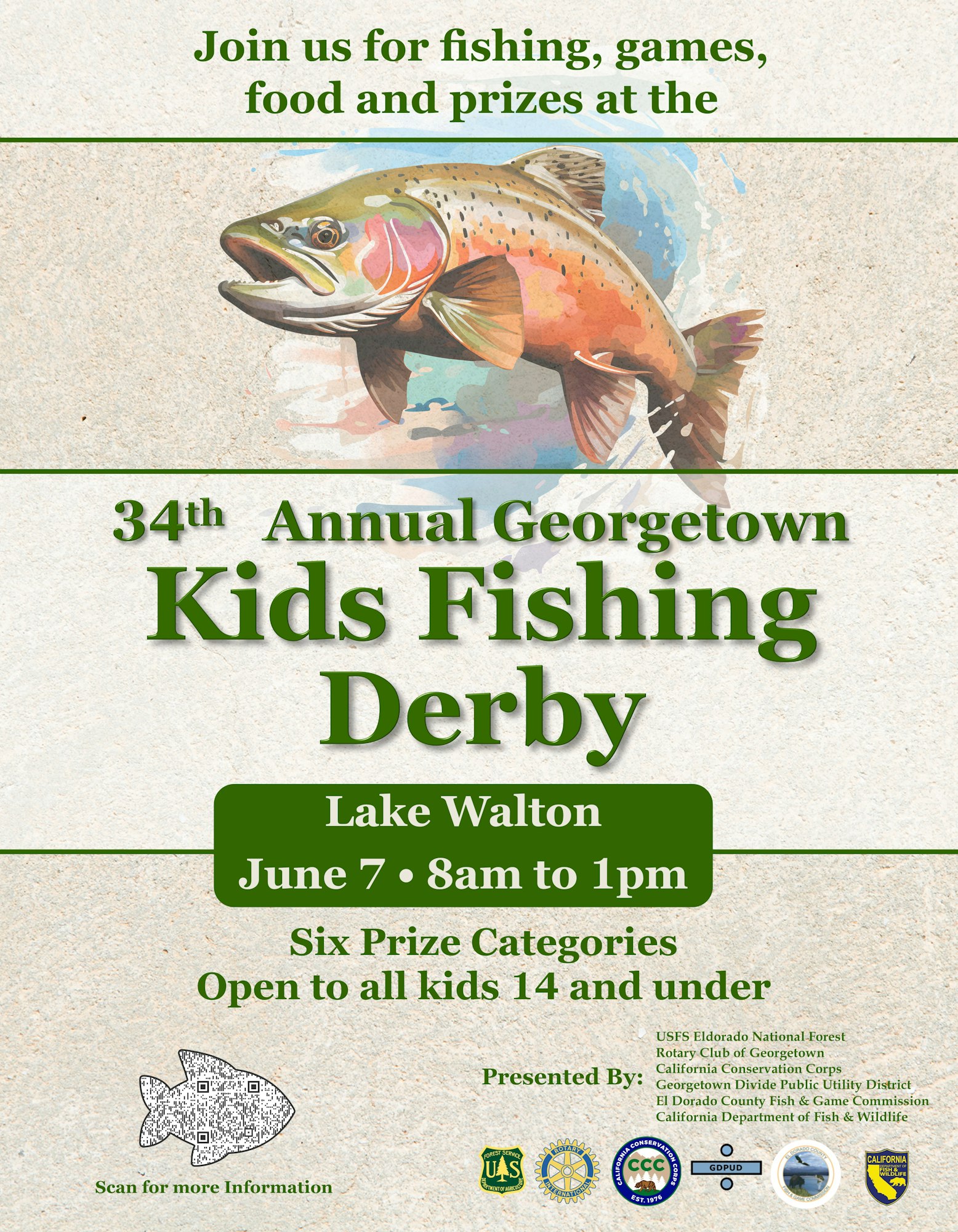 Flyer for the 34th Annual Fishing Derby at Lake Walton on June 7, 2025