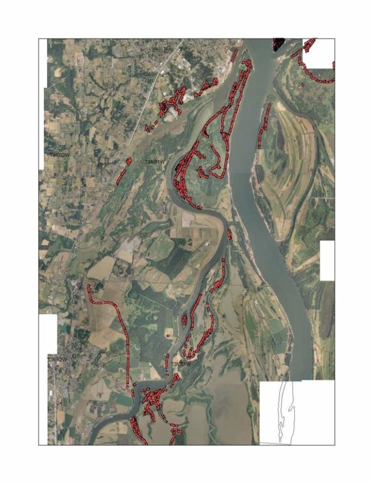 Aerial map showing a river with surrounding land and marked areas in red, likely indicating specific regions or features.