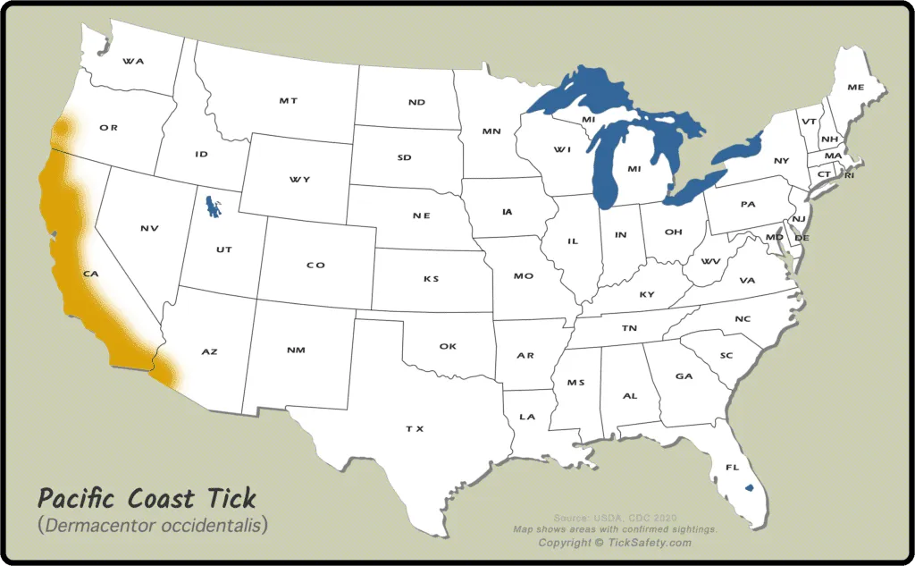 Map showing Pacific Coast Tick distribution in western U.S., especially along the California coast.