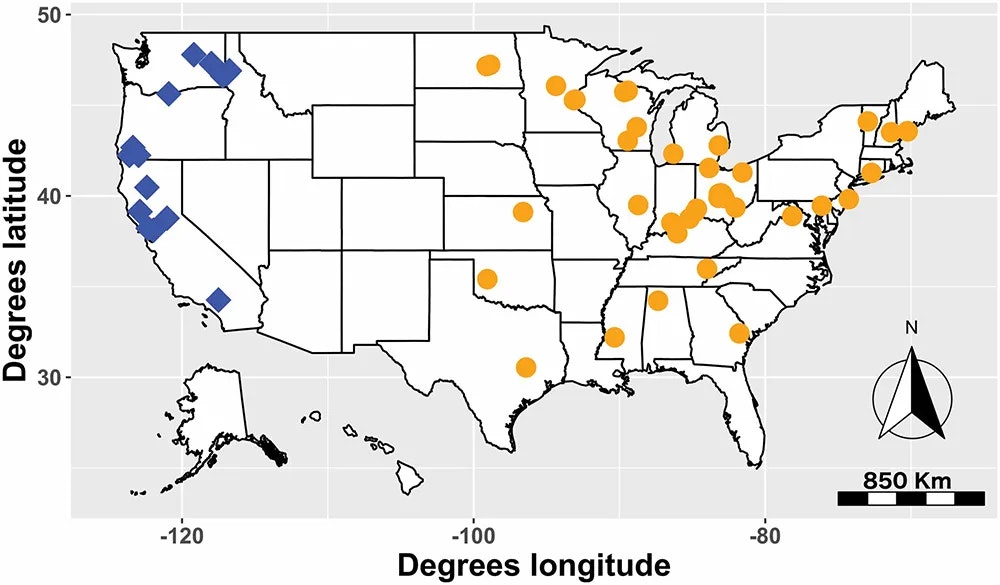 Map of the U.S. with orange circles in the east and blue diamonds in the west, representing different locations.