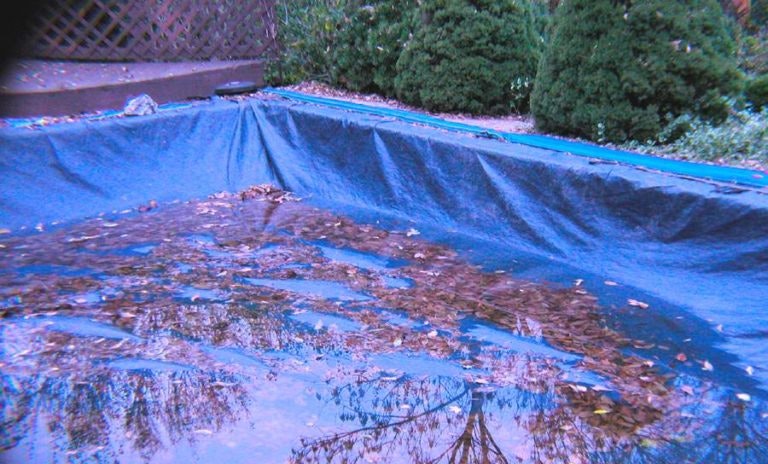 A swimming pool covered with a blue tarp, partially filled with rainwater and fallen leaves.