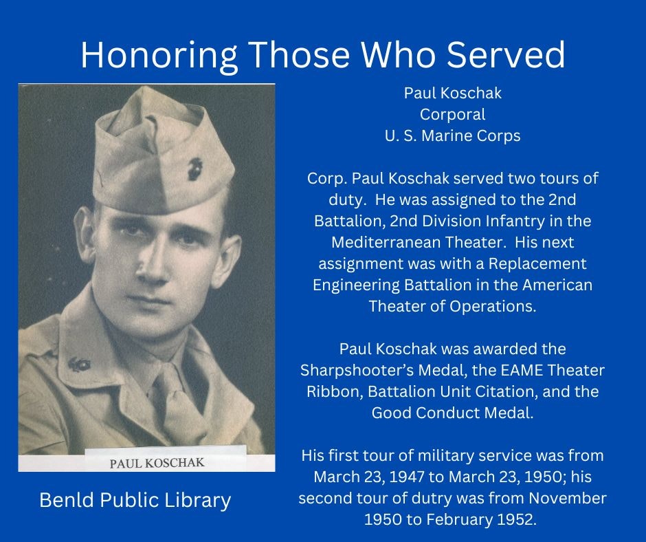 Tribute to U.S. Marine Corps Corporal Paul Koschak, detailing his service, awards, and tours of duty.