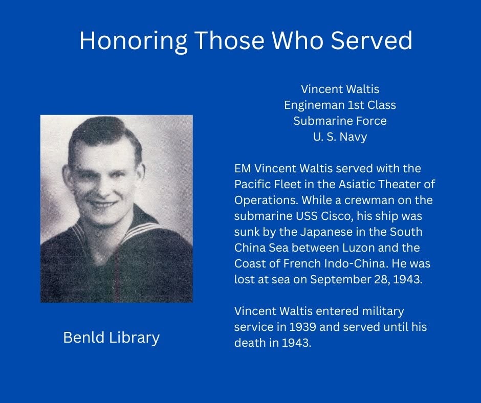 The image honors EM Vincent Waltis, a U.S. Navy submariner who was lost at sea in 1943 during WWII.